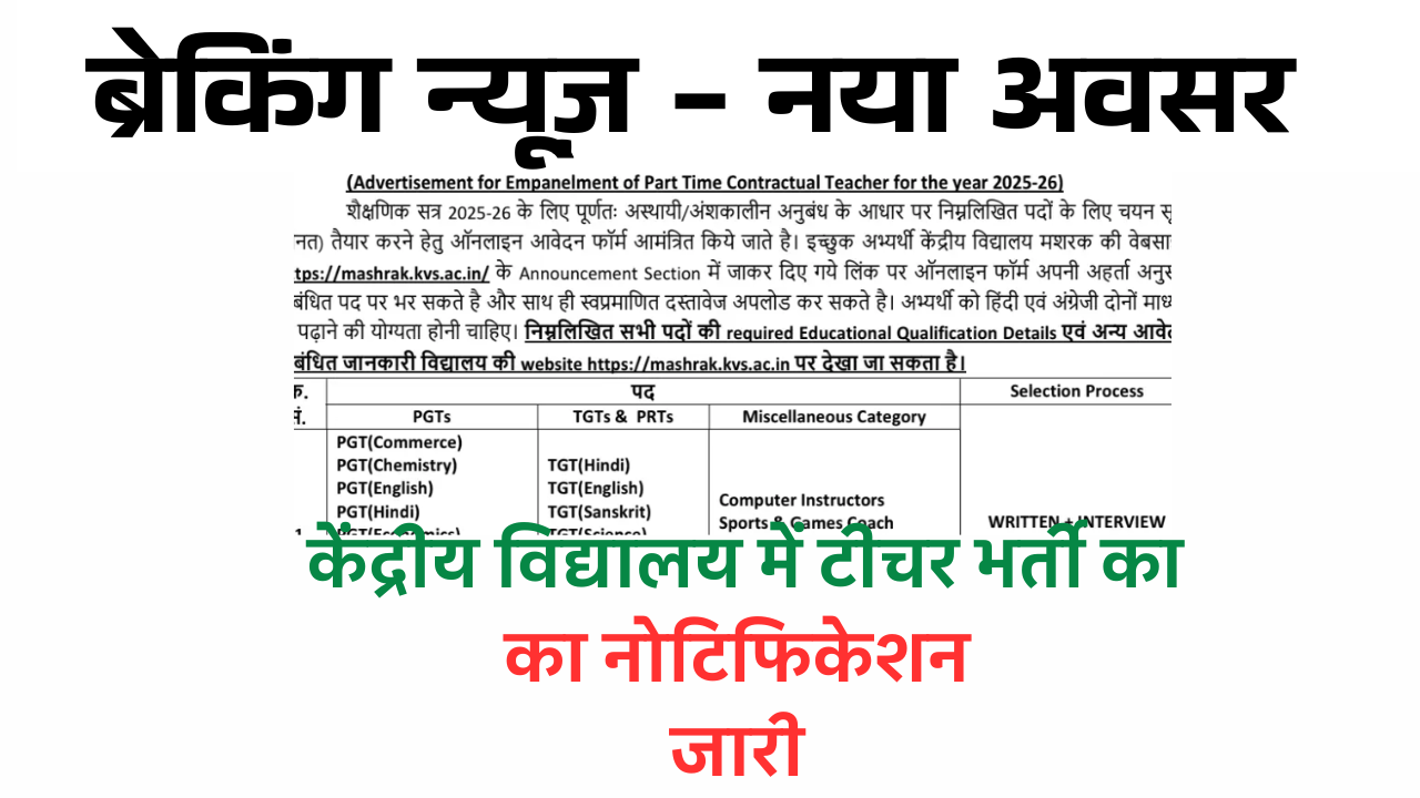  Teacher Vacancy 2025 : केंद्रीय विद्यालय में टीचर भर्ती का नोटिफिकेशन जारी Apply Now